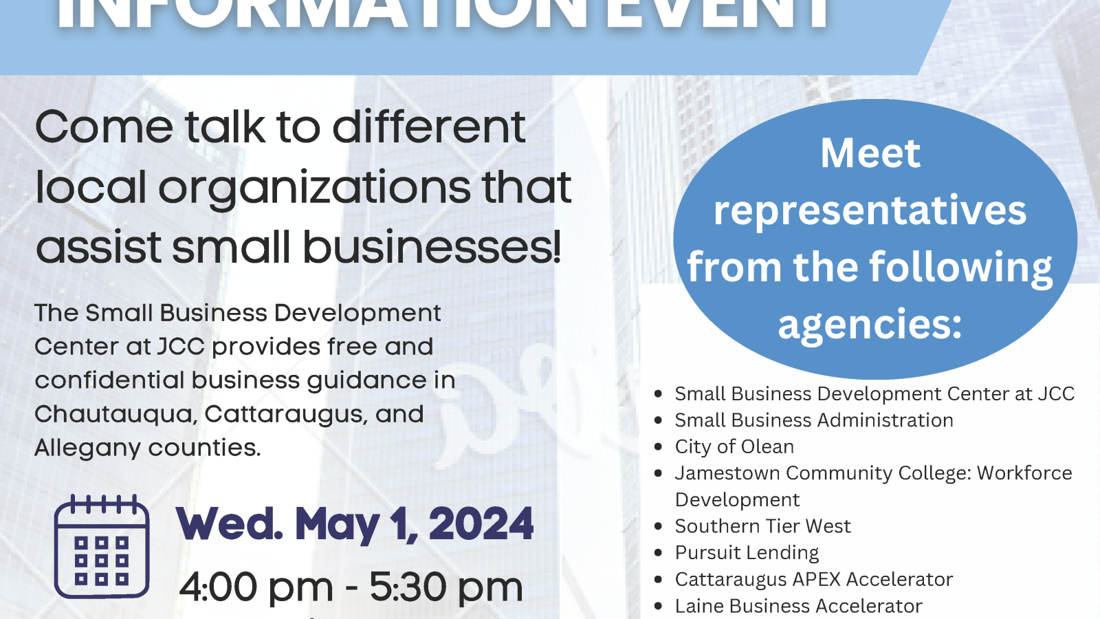 Flyer for the Small Business Information Event on May 1, 2024 in Olean, NY