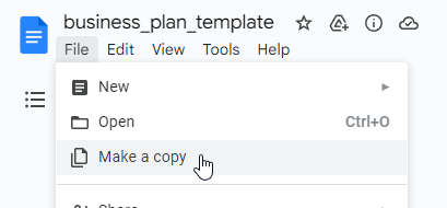 In the menu, click on "File" then "Make a copy" on Google Docs
