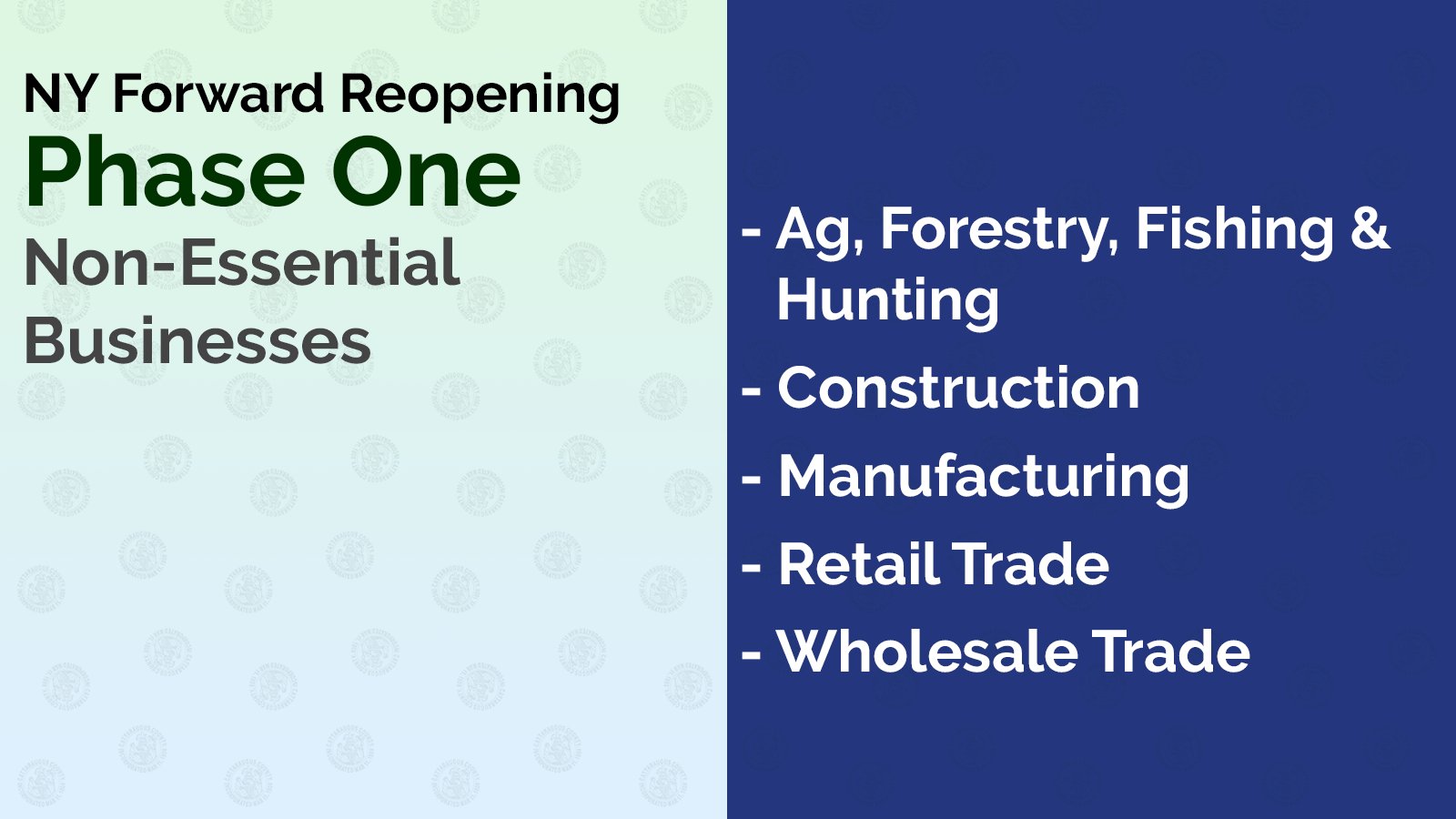 NY Forward Reopening Phase One: Non-Essential Businesses: - Ag, Forestry, Fishing & Hunting - Construction - Manufacturing - Retail Trade - Wholesale Trade