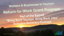 Background sunset in Ellicottville, NY. Foreground text: Workers & Businesses in Tourism Return-to-Work Grant Program, Part of New York State's $450M "Bring Back Tourism, Bring Back Jobs"Inclusive Recovery Package